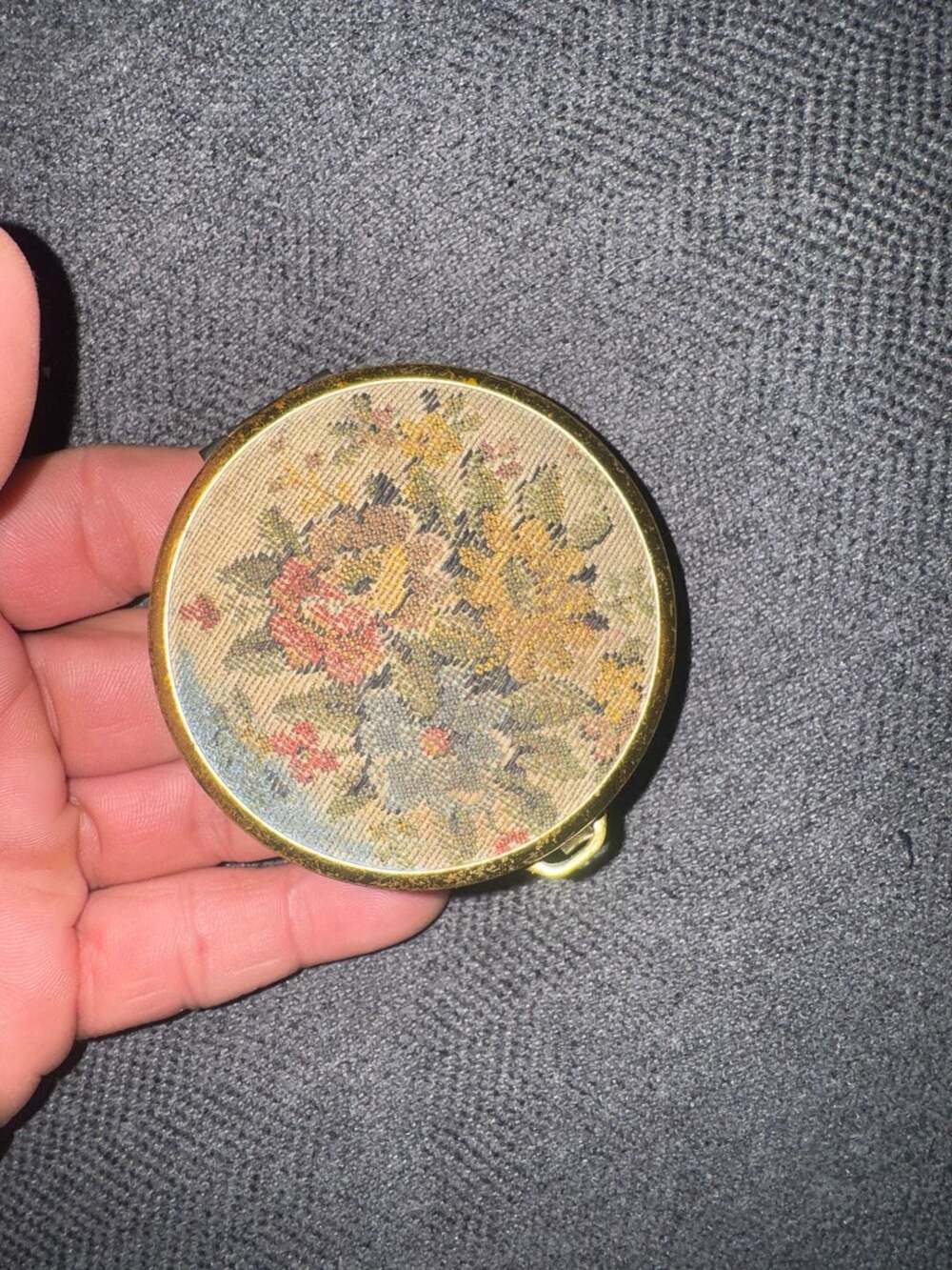 Vintage French Petit Point Floral Tapestry Mesh Powder Compact